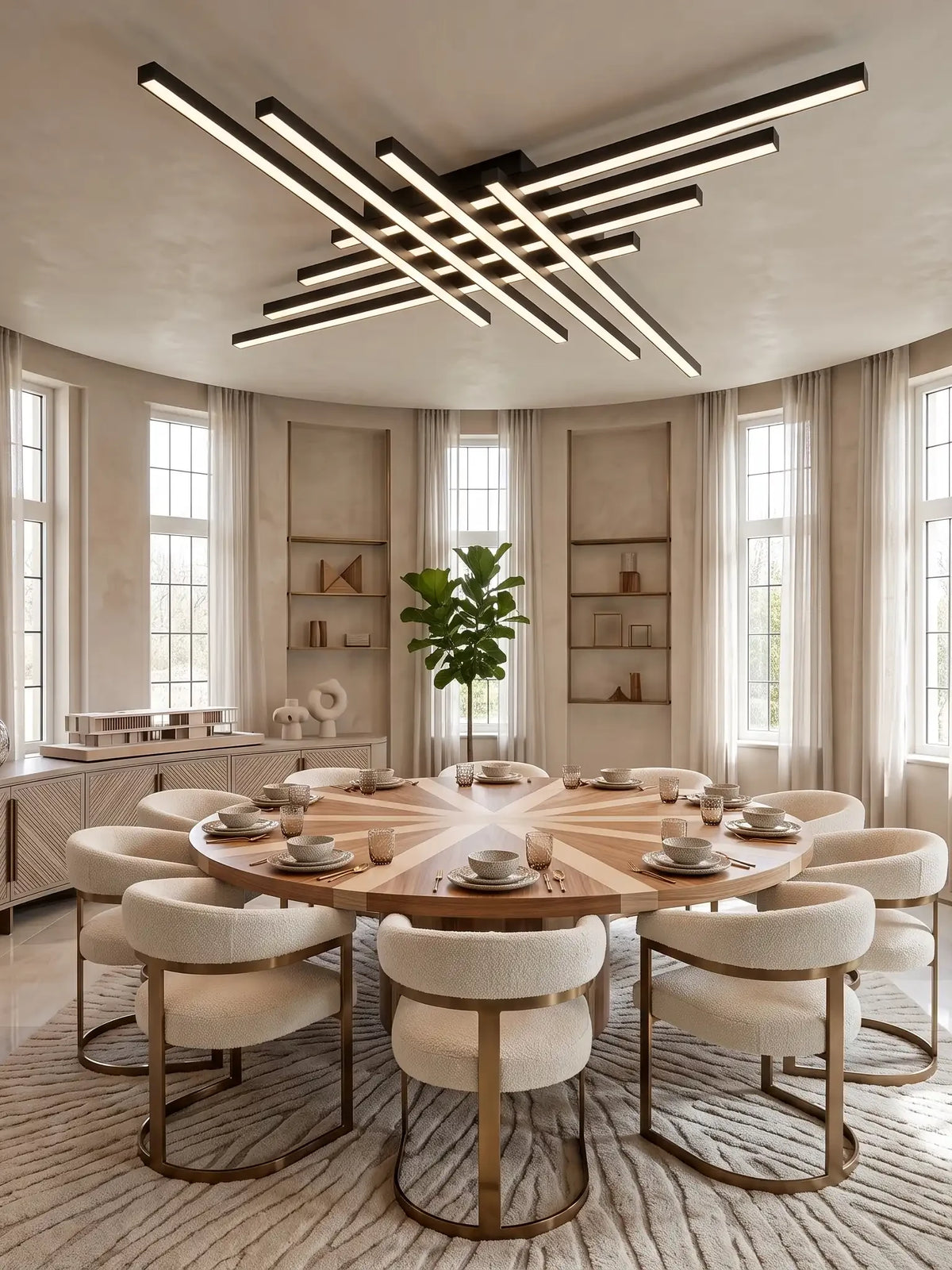 Plafonnier LED Sceaux noir mat à huit barres croisées au-dessus d'une table ronde en marqueterie, salle à manger en plâtre crème