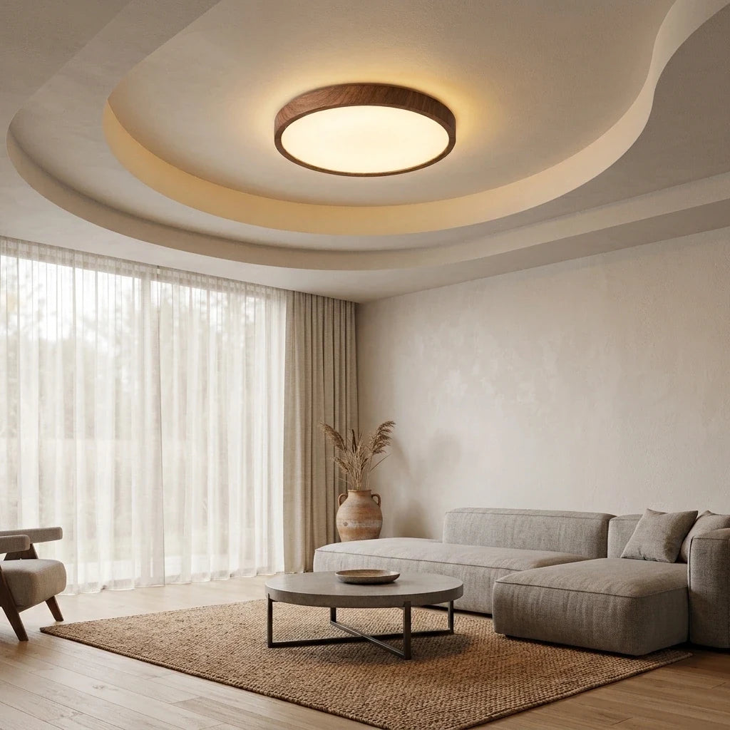 Plafonnier rond effet noyer dans un faux plafond courbe, salon et canapé d'angle lin