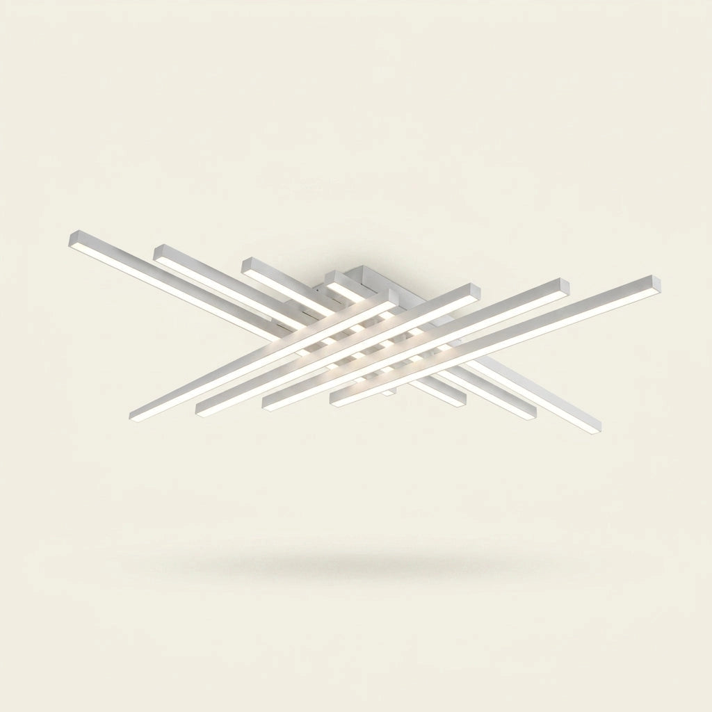 Plafonnier Sceaux blanc mat à huit barres croisées, version 120 cm, sur fond ivoire