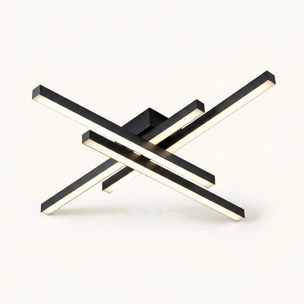 Plafonnier LED noir à quatre barres croisées, version 110 cm, sur fond ivoire
