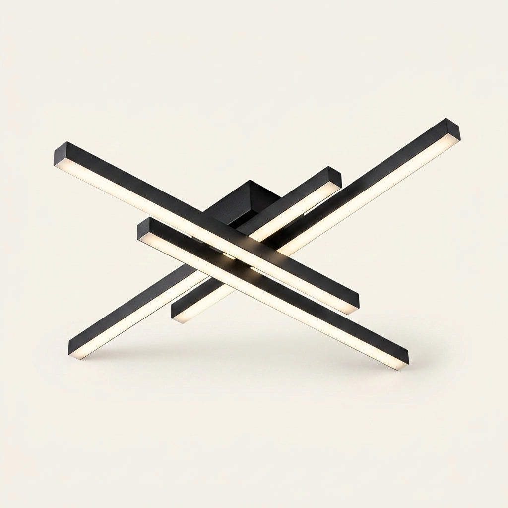 Plafonnier LED noir Sceaux à quatre barres croisées, version 110 cm, sur fond ivoire