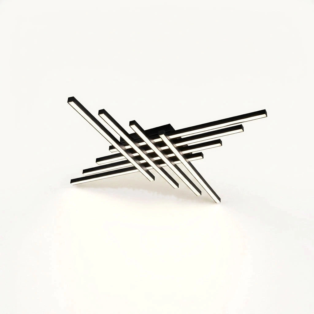 Plafonnier noir mat à huit barres croisées, version 120 cm, sur fond ivoire