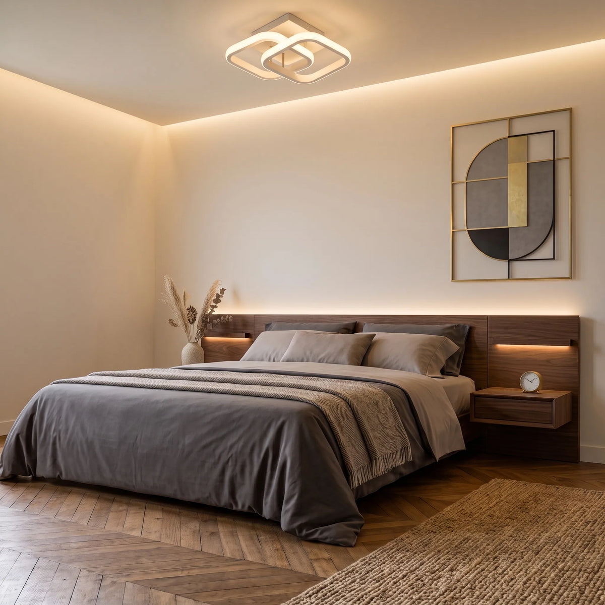 Plafonnier plat LED blanc allumé au plafond d'une chambre, au-dessus d'un lit gris à tête de lit en noyer et d'un parquet en chevrons