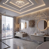 Plafonnier plat LED blanc au plafond d'une salle de bain de marbre gris, double vasque et miroirs ronds rétroéclairés