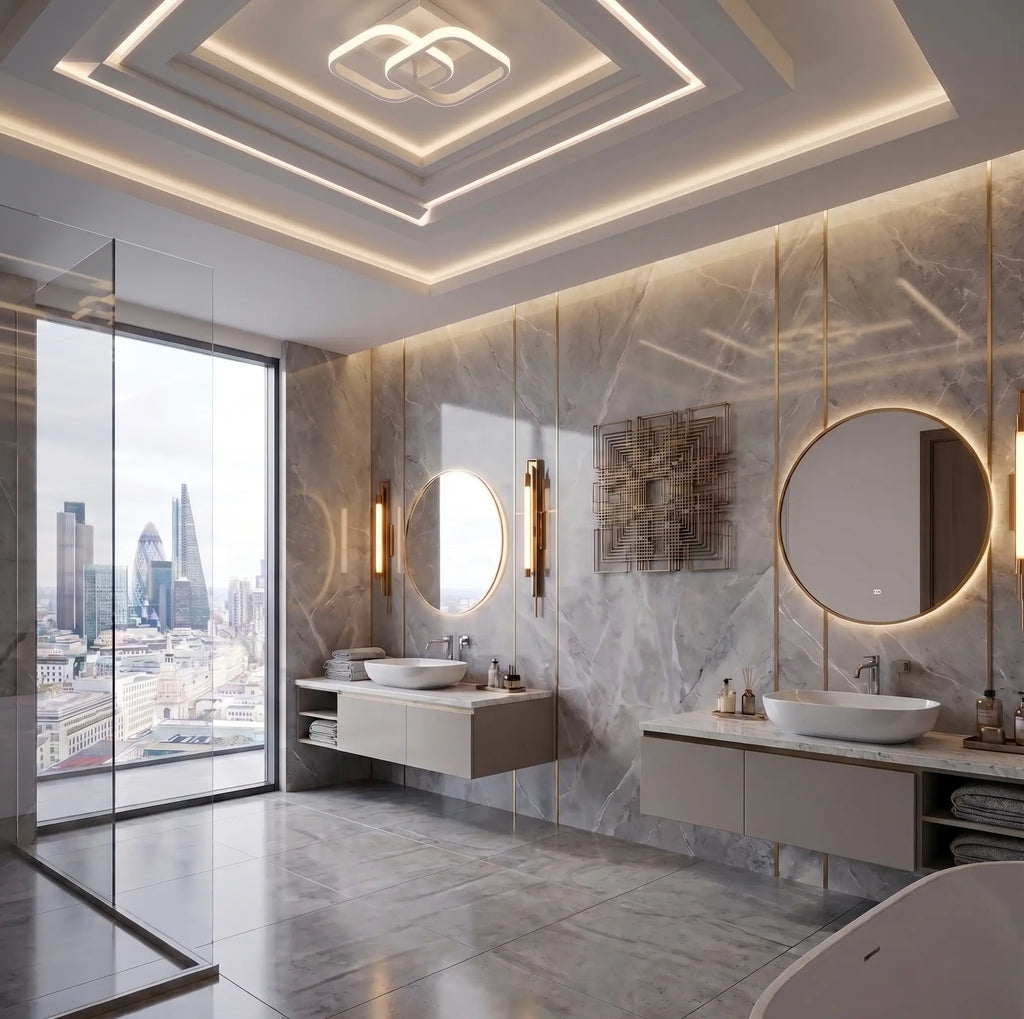Plafonnier plat LED blanc Marly au plafond d'une salle de bain de marbre gris, double vasque et miroirs ronds rétroéclairés