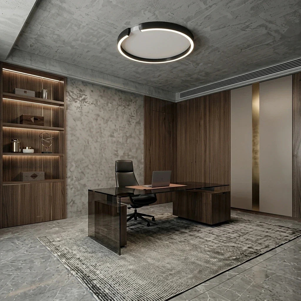 Plafonnier rond LED en noir satiné dans un bureau, plateau de verre fumé et boiseries
