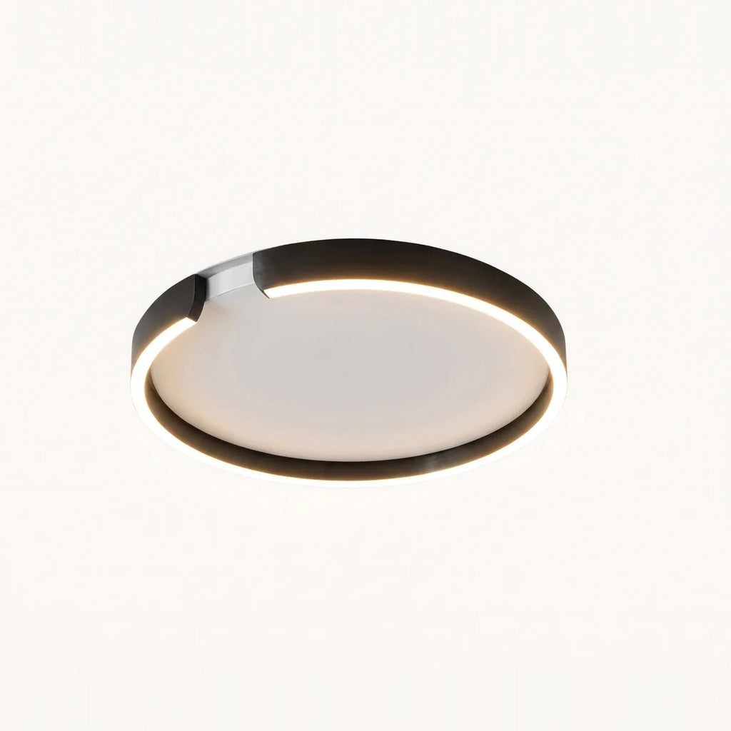 Plafonnier rond à anneau décalé en noir satiné, disque opalin et fente de lumière