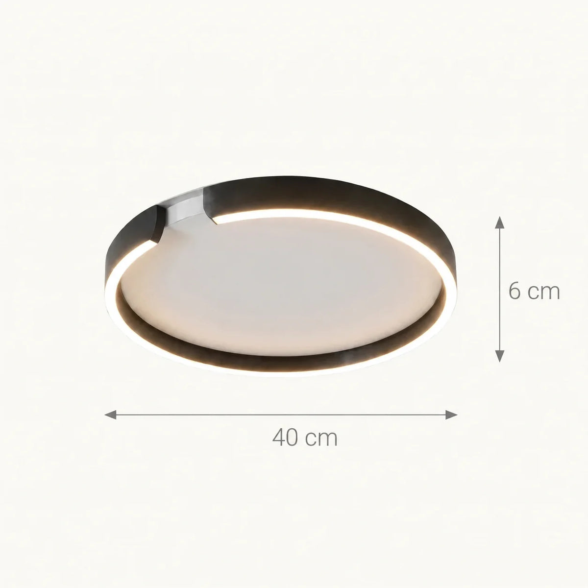 Schéma coté du plafonnier rond : 40 cm de diamètre pour 6 cm d'épaisseur