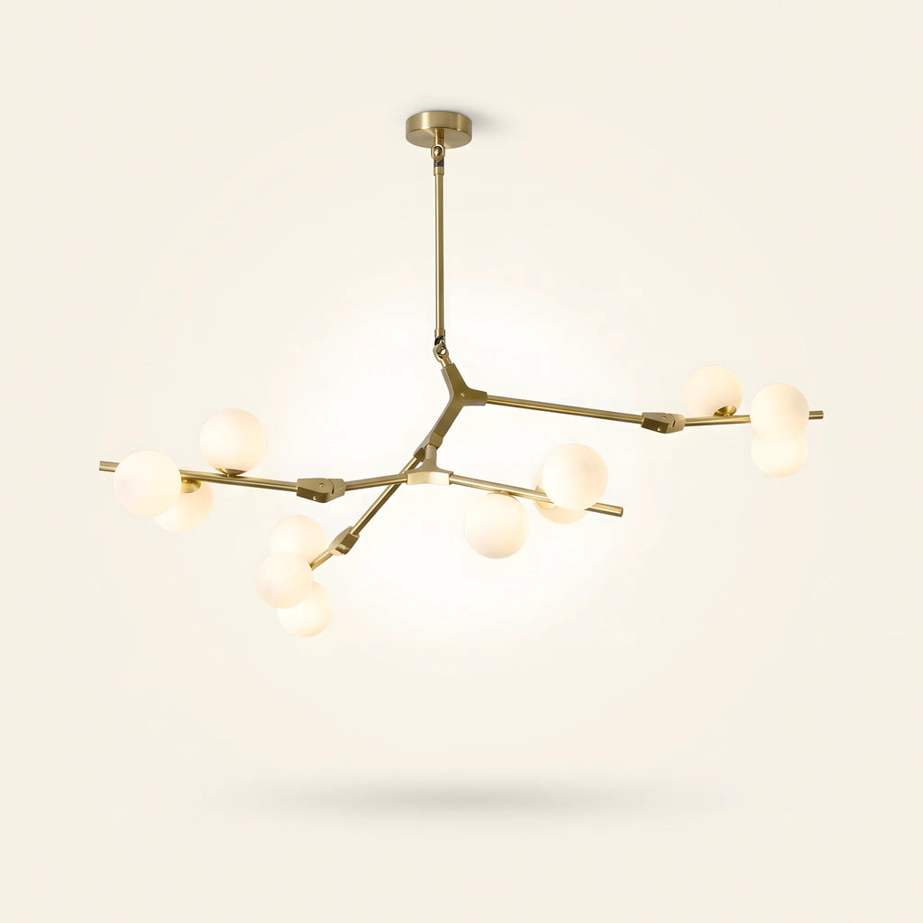 Plafonnier XXL doré à douze globes de verre dépoli, 123 cm d'envergure