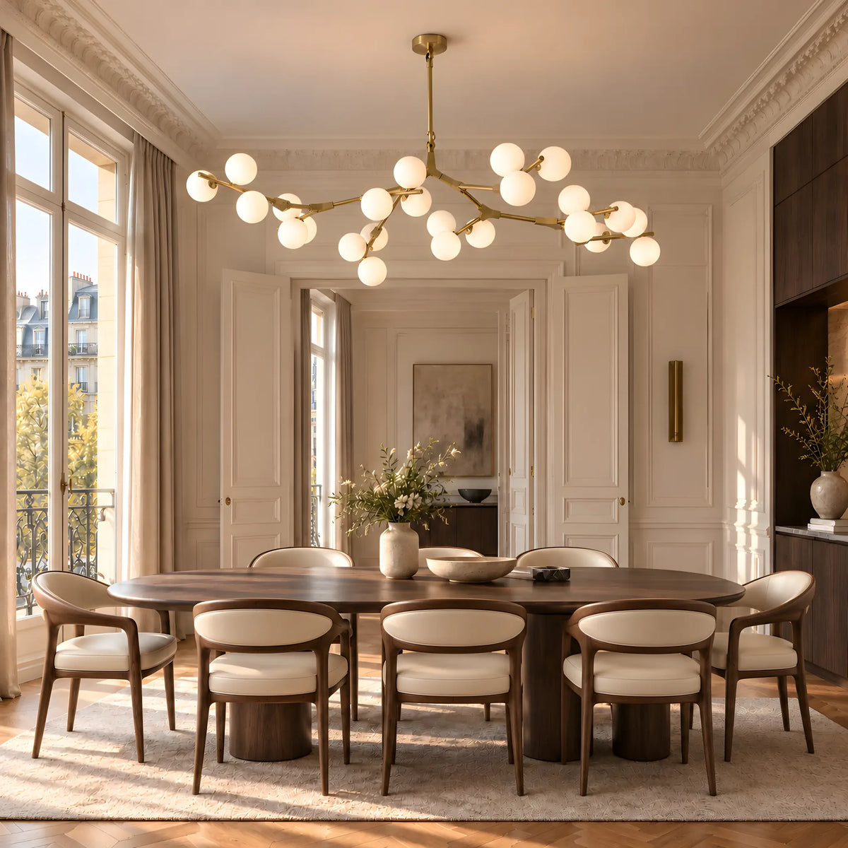 Vingt-quatre globes de verre dépoli dans une salle à manger à boiseries et corniches moulurées