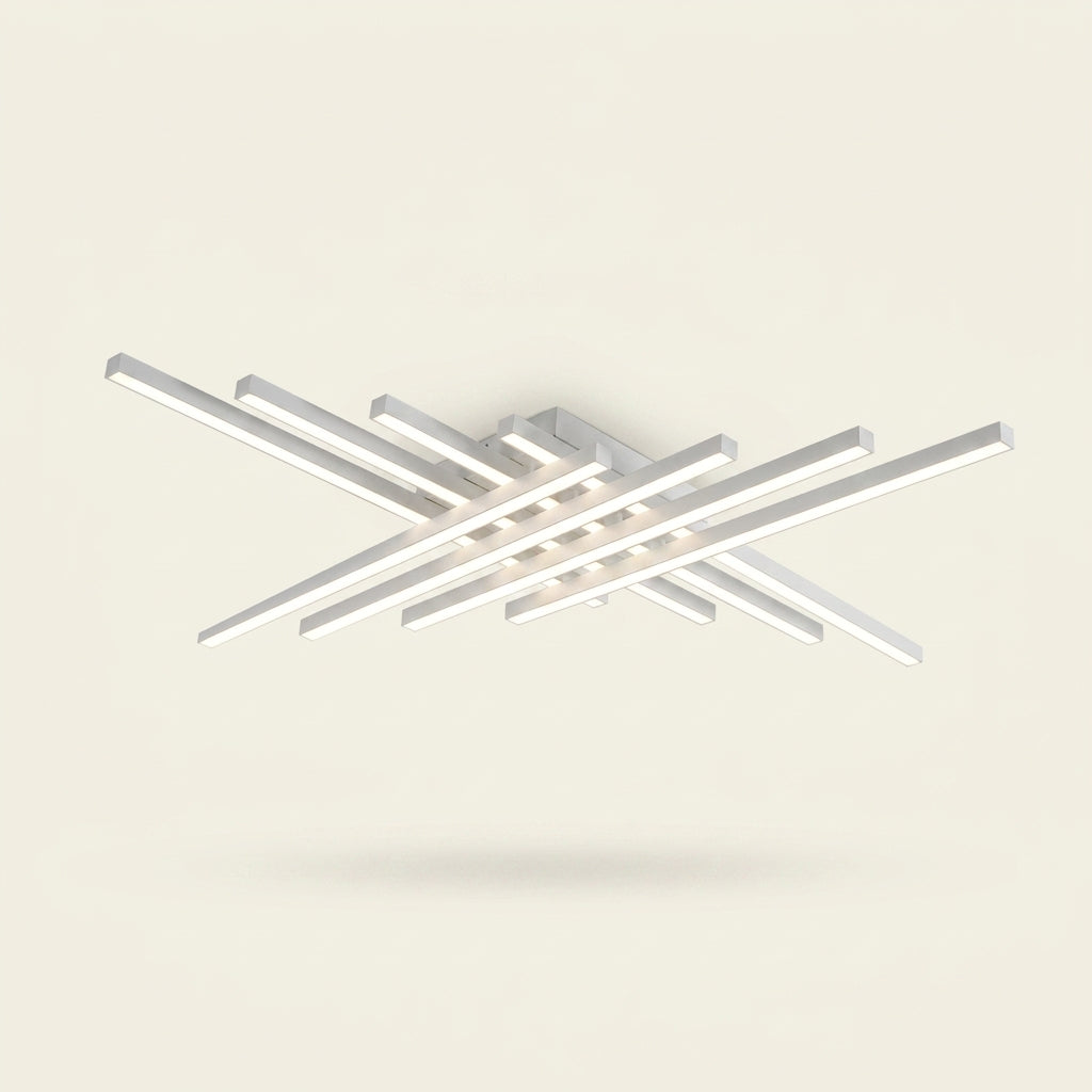 Plafonnier Villandry blanc mat à huit barres croisées, version 120 cm, sur fond ivoire