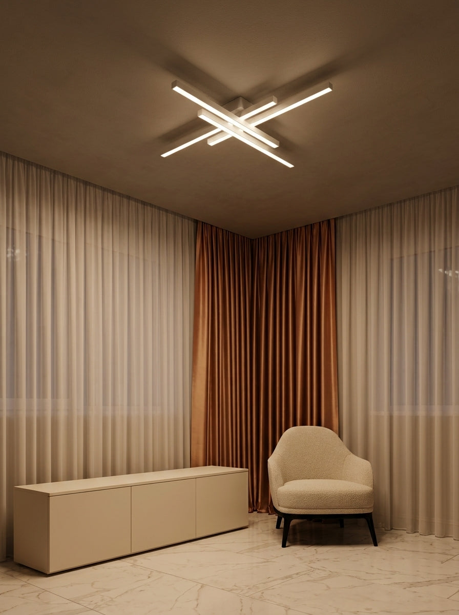 Plafonnier LED Villandry en blanc mat dans un salon aux voilages clairs et rideaux cuivre, sol de marbre poli Image