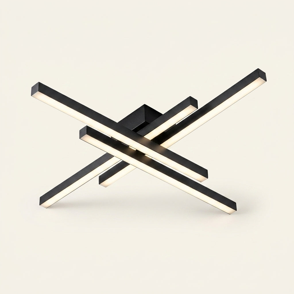Plafonnier LED noir Villandry à quatre barres croisées, version 110 cm, sur fond ivoire
