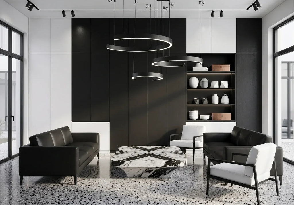 Trois anneaux noir charbon dans un salon aux fauteuils de cuir noir et table de marbre
