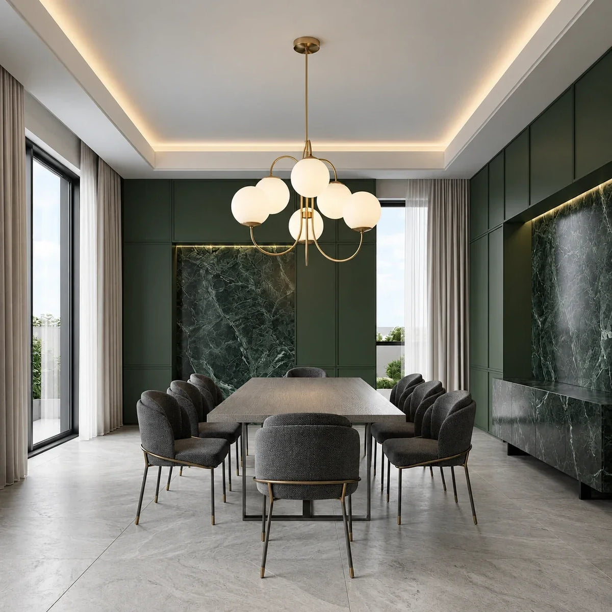 Le luminaire à six globes centré au-dessus d'une table de salle à manger