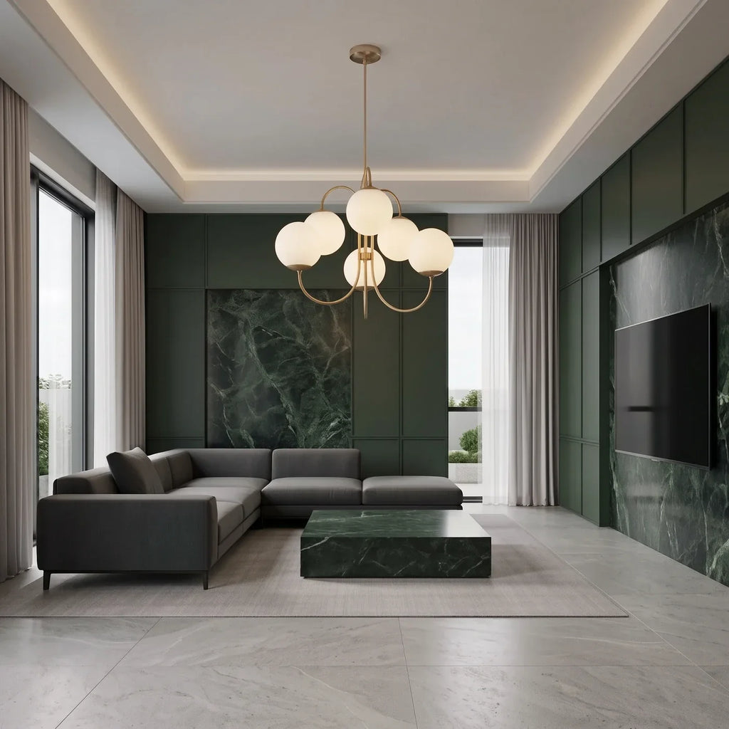 Les six globes étagés au-dessus d'une table basse, dans un salon aux boiseries sombres