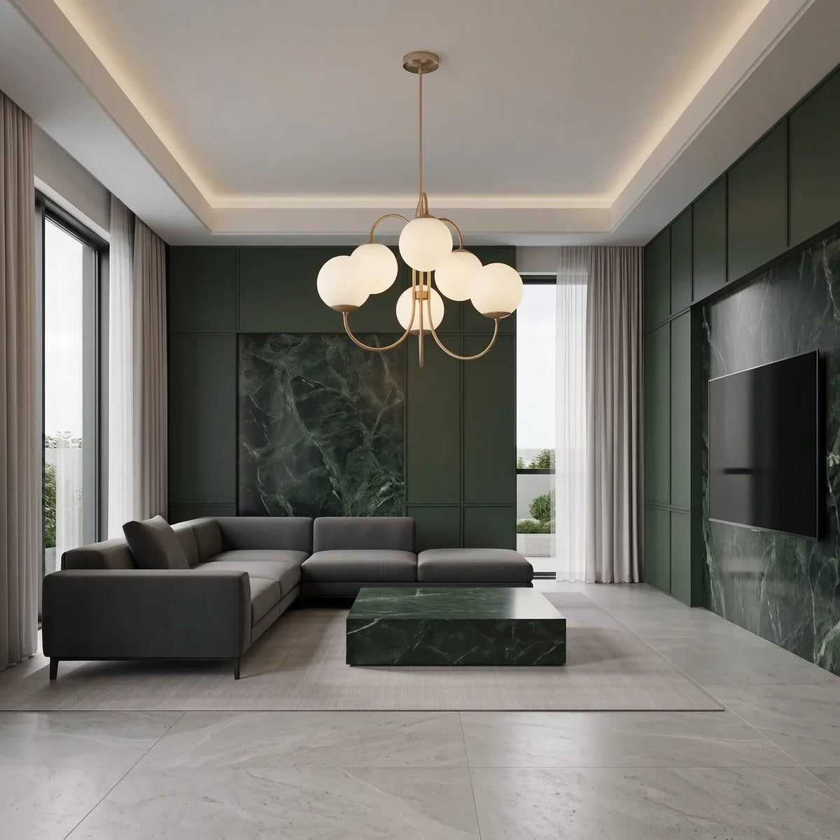 Les six globes étagés au-dessus d'une table basse, dans un salon aux boiseries sombres