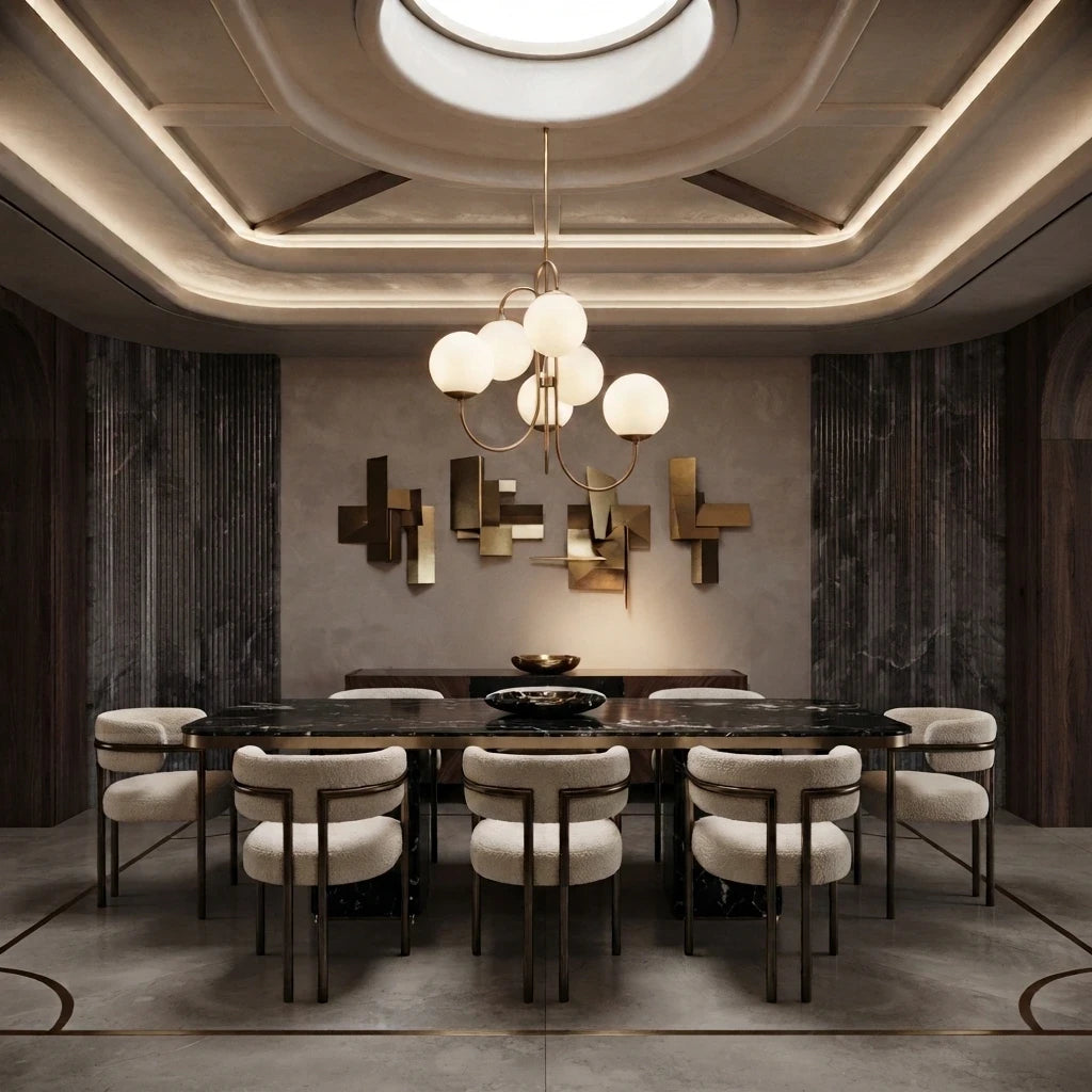 Le luminaire à six globes centré au-dessus d'une table de salle à manger en marbre noir