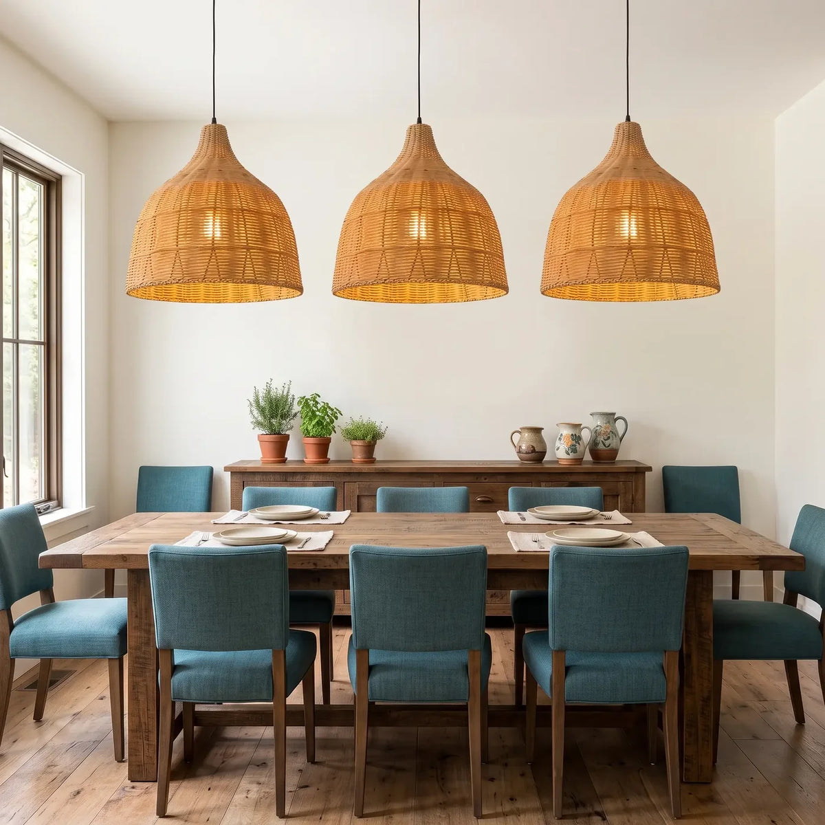 Trois Réaumur au-dessus d'une table en bois massif, chaises bleu canard