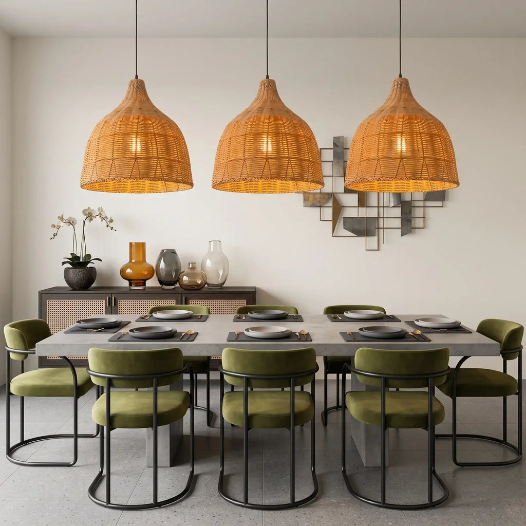 Trois Réaumur au-dessus d'une table de béton, chaises vert olive