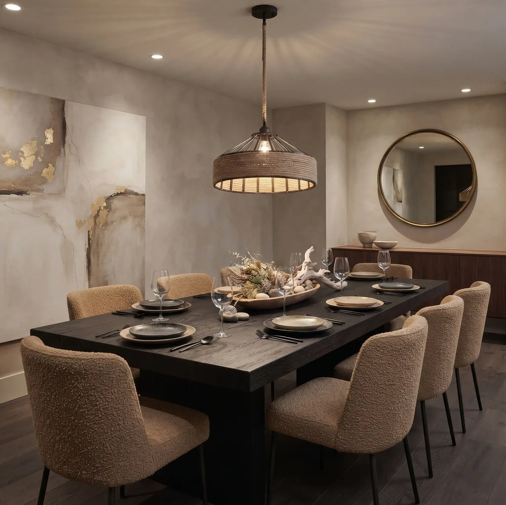 Duhamel Ø 50 au-dessus d'une table de chêne sombre et de chaises bouclées, lumière chaude du soir