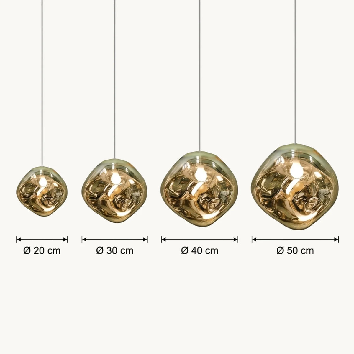 Schéma coté de la suspension goutte, diamètres de 20 à 50 cm