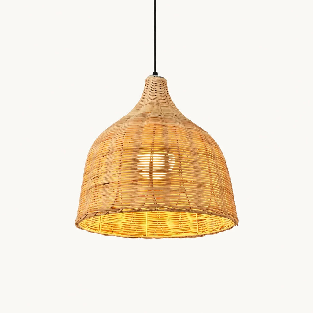 Suspension cloche en osier tressé naturel, abat-jour allumé