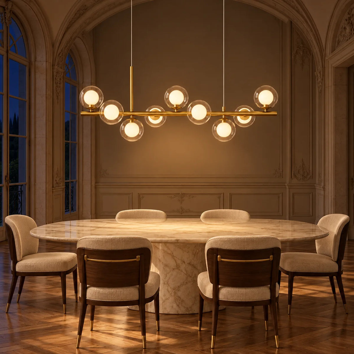 Globes doubles allumés au-dessus d'une table ovale en marbre, salle à manger le soir