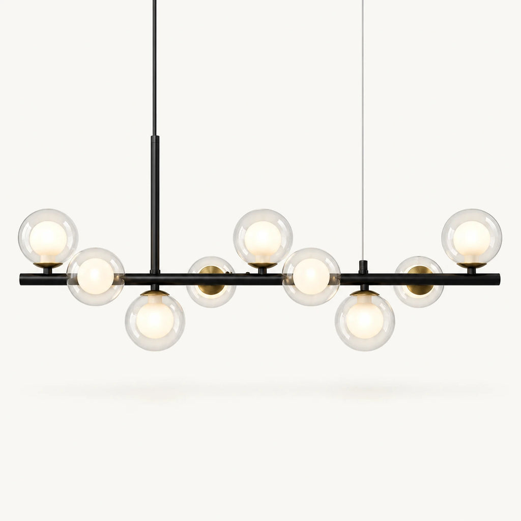 Globes doubles sur barre noir mat, une sphère opaline logée dans une sphère de verre clair
