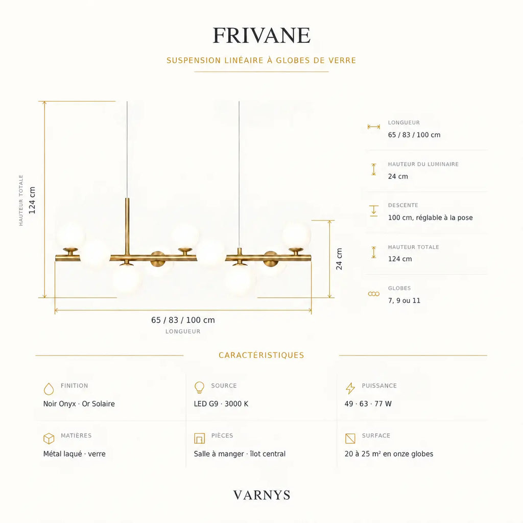 Fiche technique de la suspension : 65, 83 ou 100 cm de long, 24 cm de haut, 124 cm de hauteur totale, globes de verre et LED G9