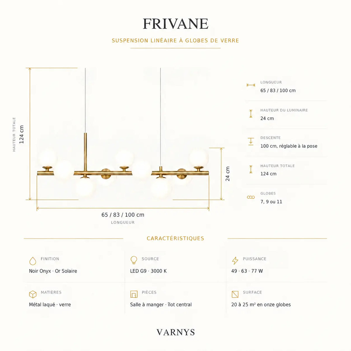 Fiche technique de la suspension : 65, 83 ou 100 cm de long, 24 cm de haut, 124 cm de hauteur totale, globes de verre et LED G9