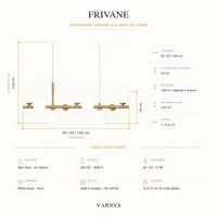 Fiche technique de la suspension : 65, 83 ou 100 cm de long, 24 cm de haut, 124 cm de hauteur totale, globes de verre et LED G9