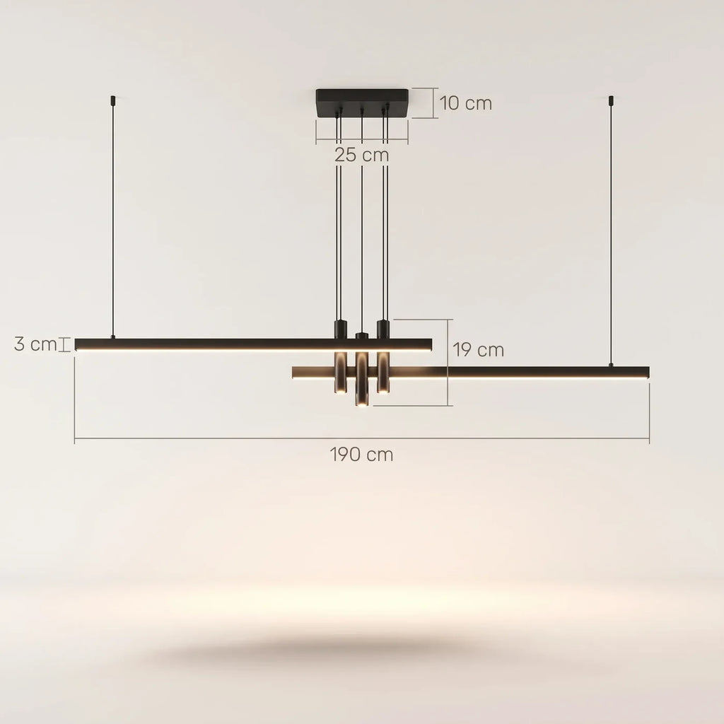 Schéma coté de Chappe en 190 cm : barres de 3 cm, spots de 19 cm, pavillon de 25 cm