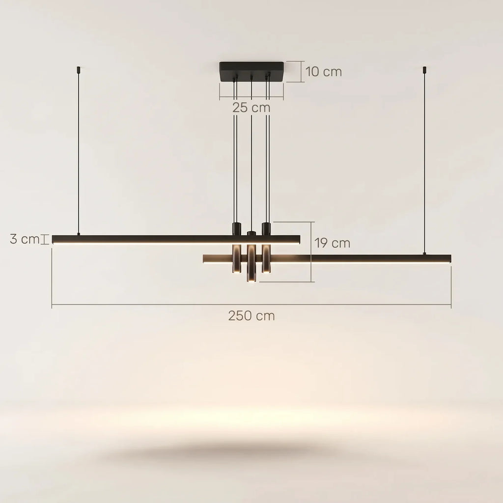 Schéma coté de Chappe en 250 cm : barres de 3 cm, spots de 19 cm, pavillon de 25 cm