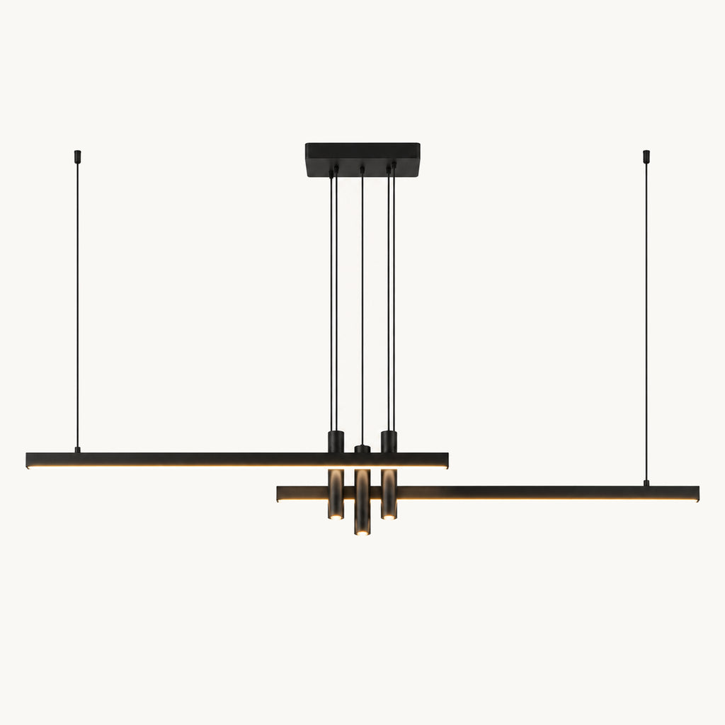 Suspension longue en métal noir, deux barres LED décalées et trois spots cylindriques