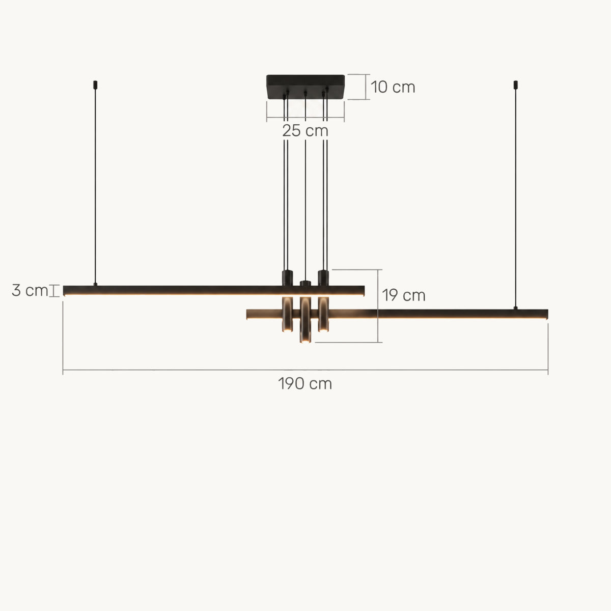Schéma coté en 190 cm : barres de 3 cm, spots de 19 cm, pavillon de 25 cm