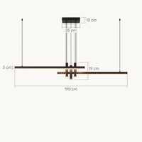 Schéma coté en 190 cm : barres de 3 cm, spots de 19 cm, pavillon de 25 cm