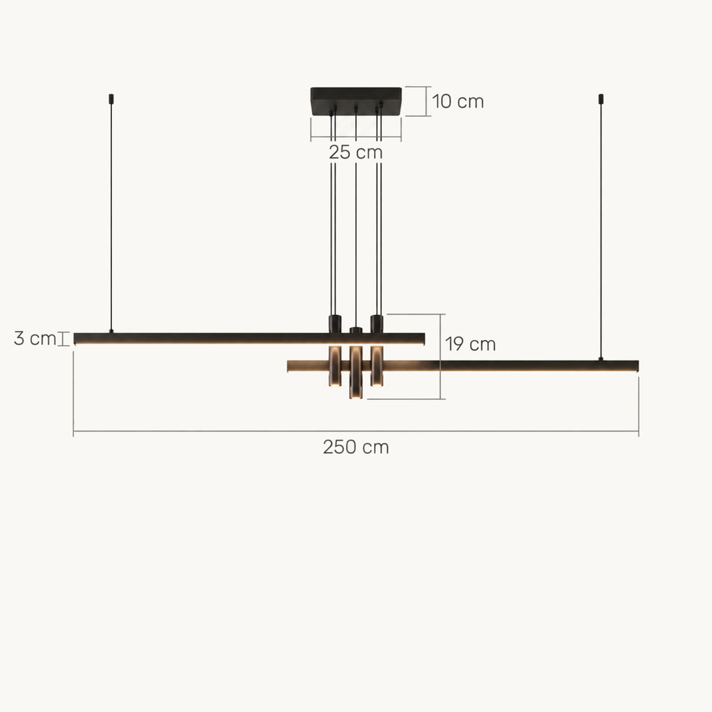 Schéma coté en 250 cm : barres de 3 cm, spots de 19 cm, pavillon de 25 cm