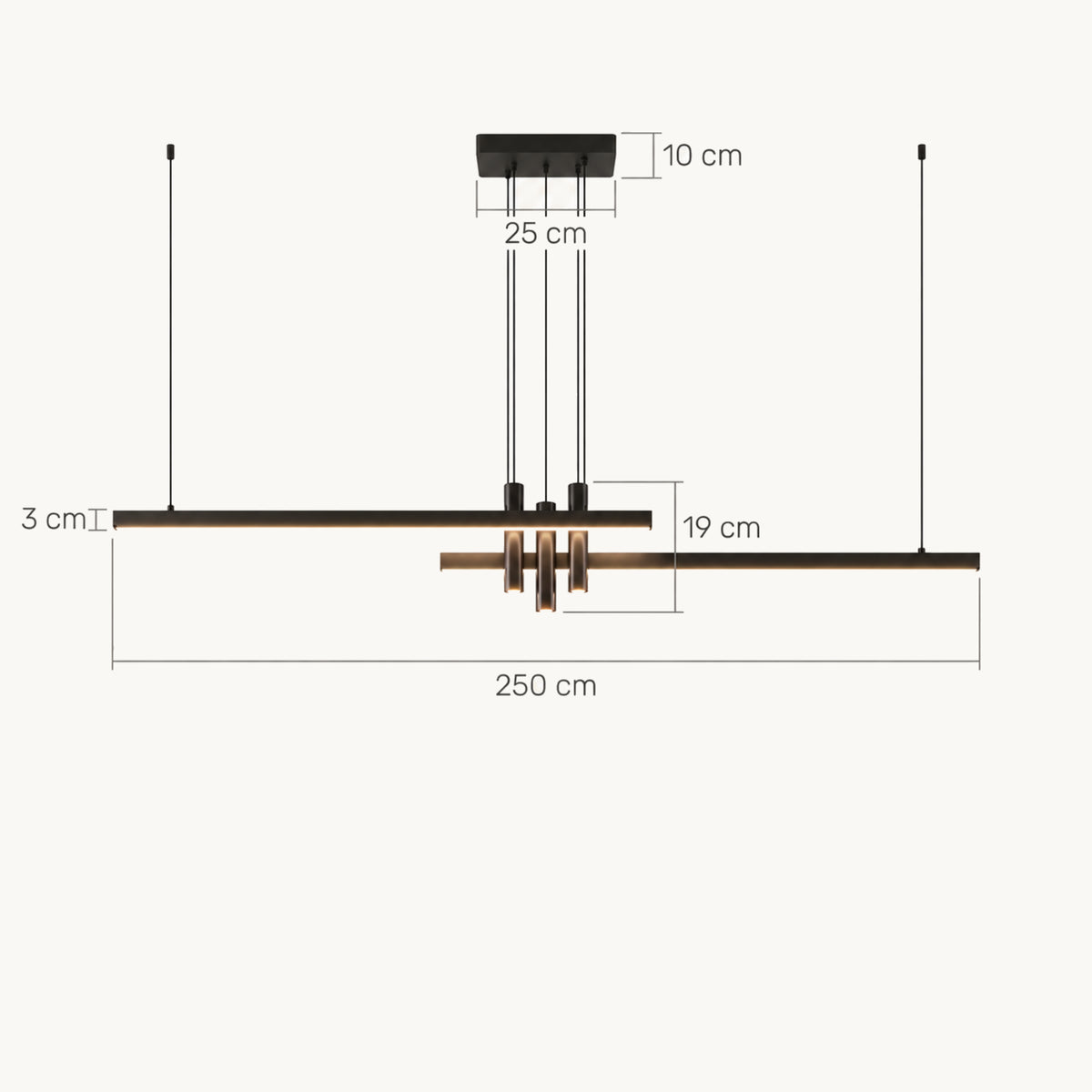 Schéma coté en 250 cm : barres de 3 cm, spots de 19 cm, pavillon de 25 cm