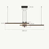 Schéma coté en 250 cm : barres de 3 cm, spots de 19 cm, pavillon de 25 cm