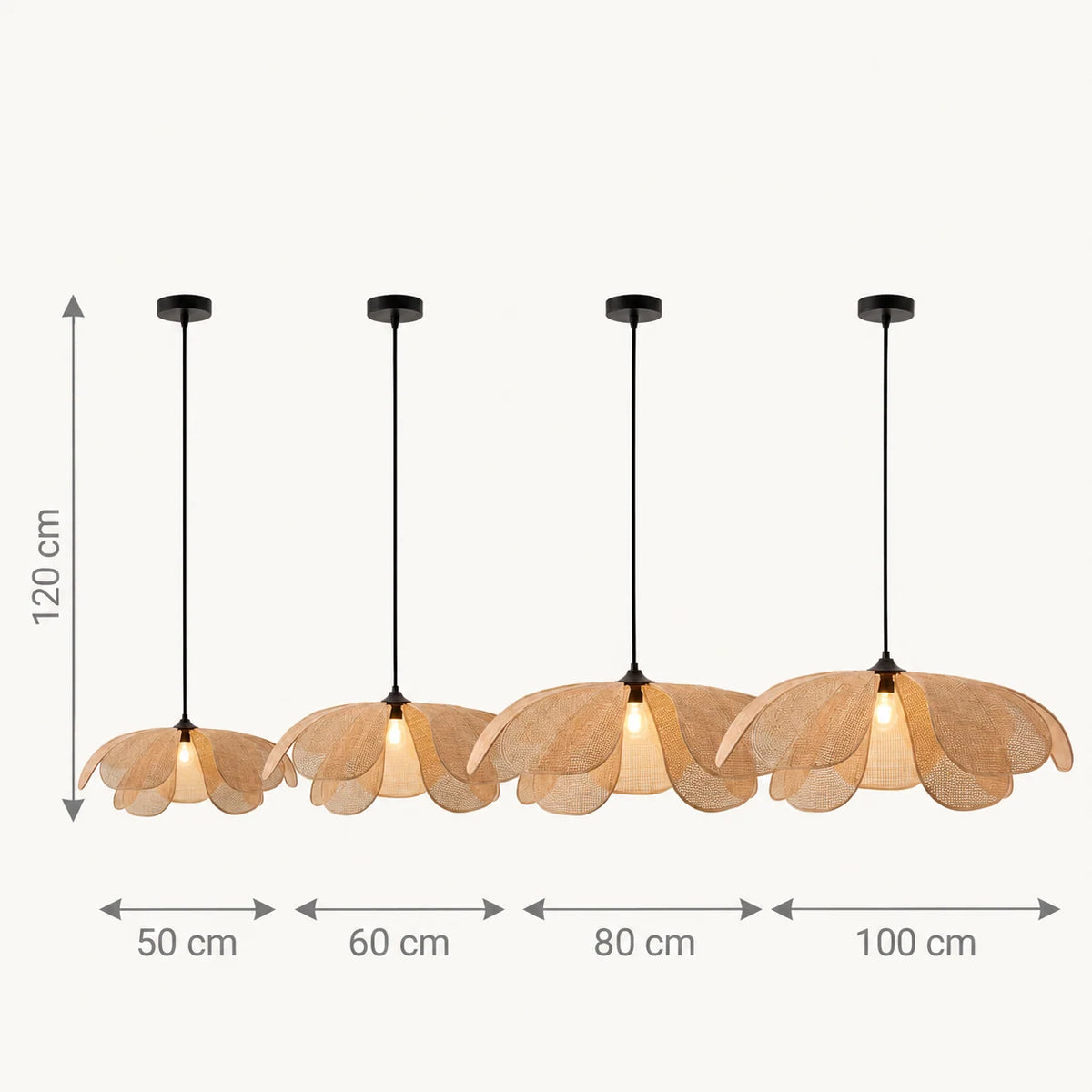 Schéma coté des quatre diamètres : 50, 60, 80 et 100 cm, câble de 120 cm