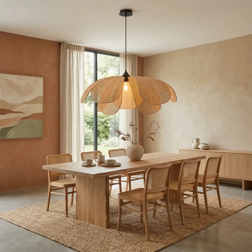 La suspension Rousseau au-dessus d'une table de chêne massif et de chaises cannées