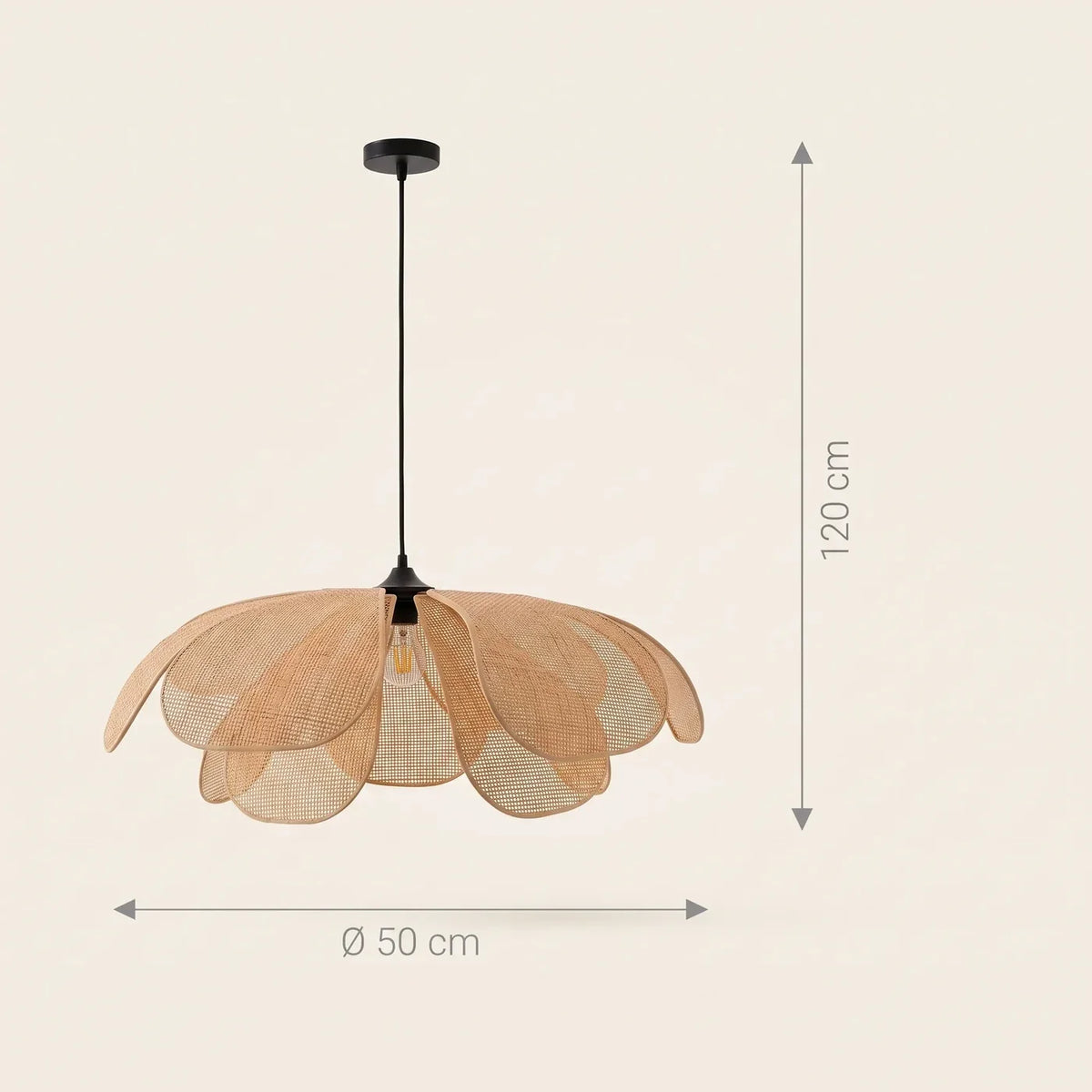 Schéma coté de la suspension pétales en rotin Rousseau, Ø 50 cm et câble de 120 cm