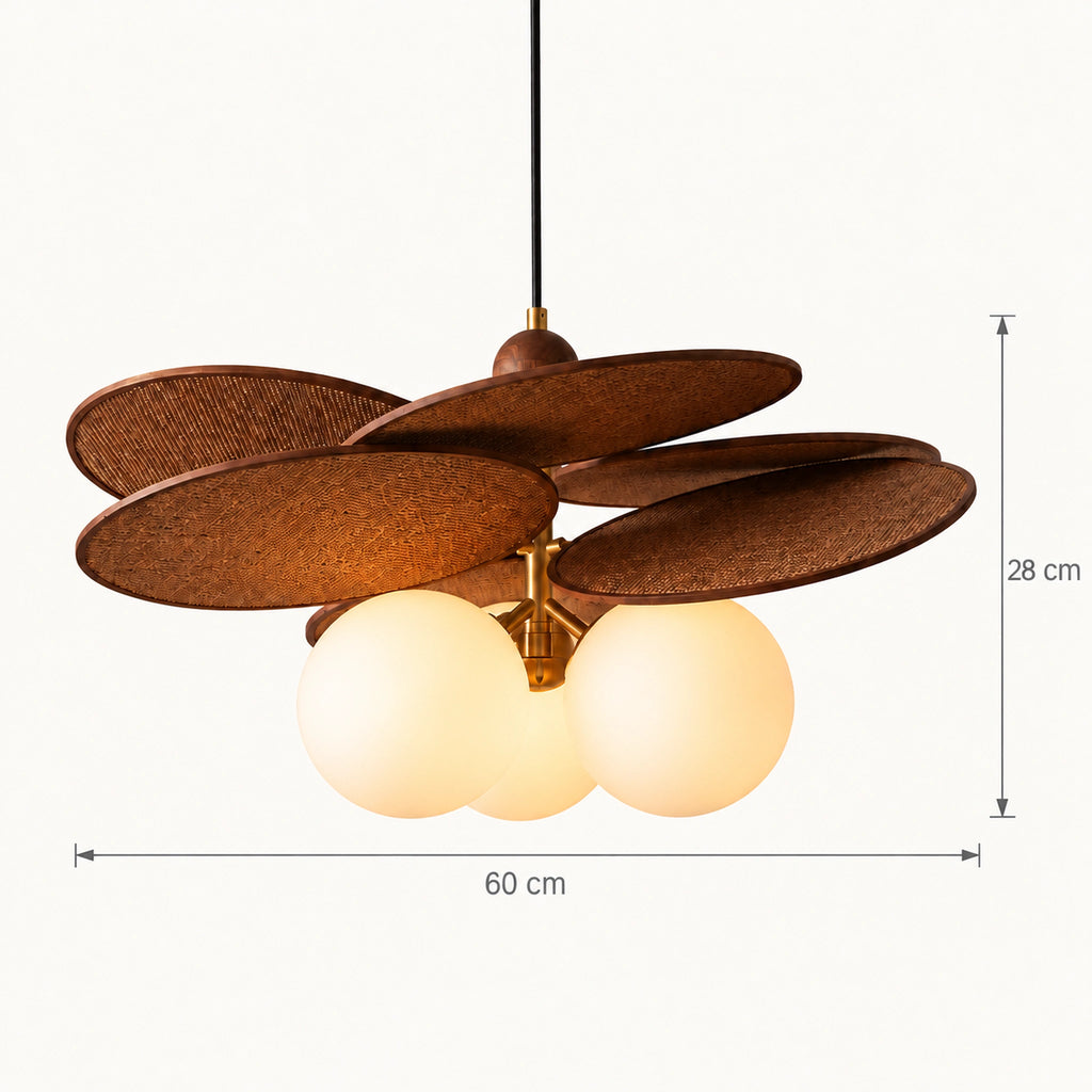 Schéma coté de la suspension Oggy à trois globes : 60 cm de diamètre, 28 cm de haut