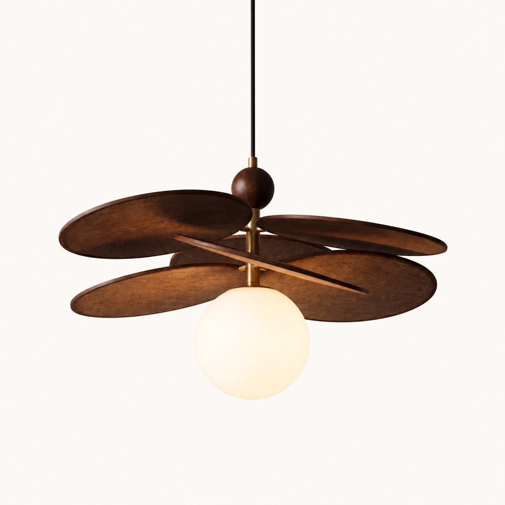 Suspension raphia un globe Oggy, disques tissés ton noyer et globe en verre opalin