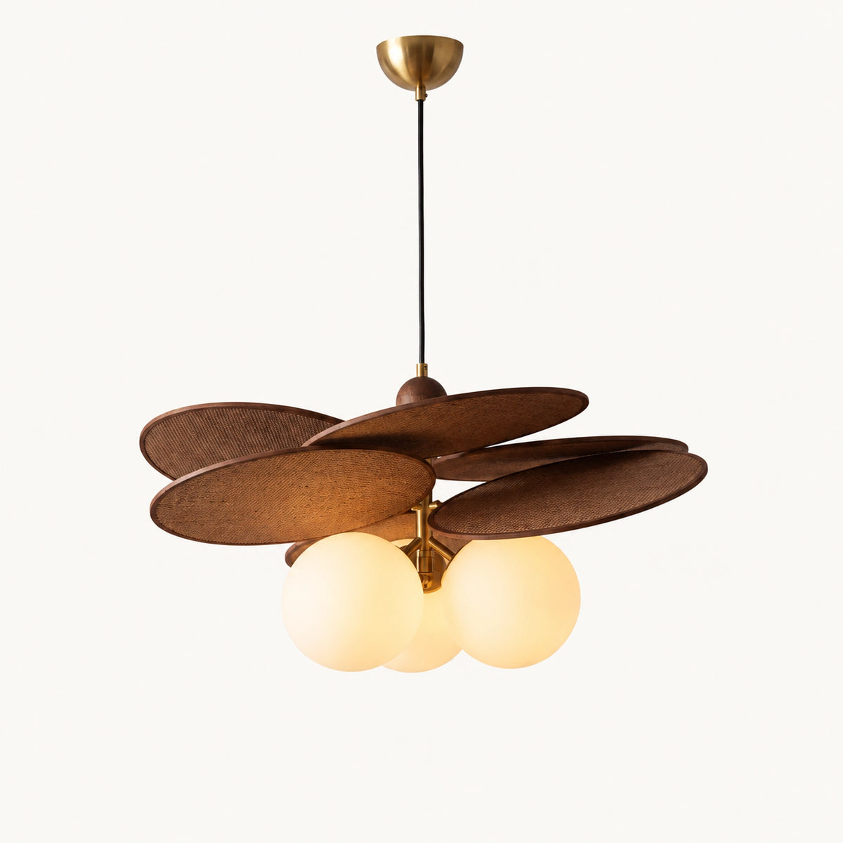 Suspension raphia verre opalin Oggy, variante trois globes 60 cm