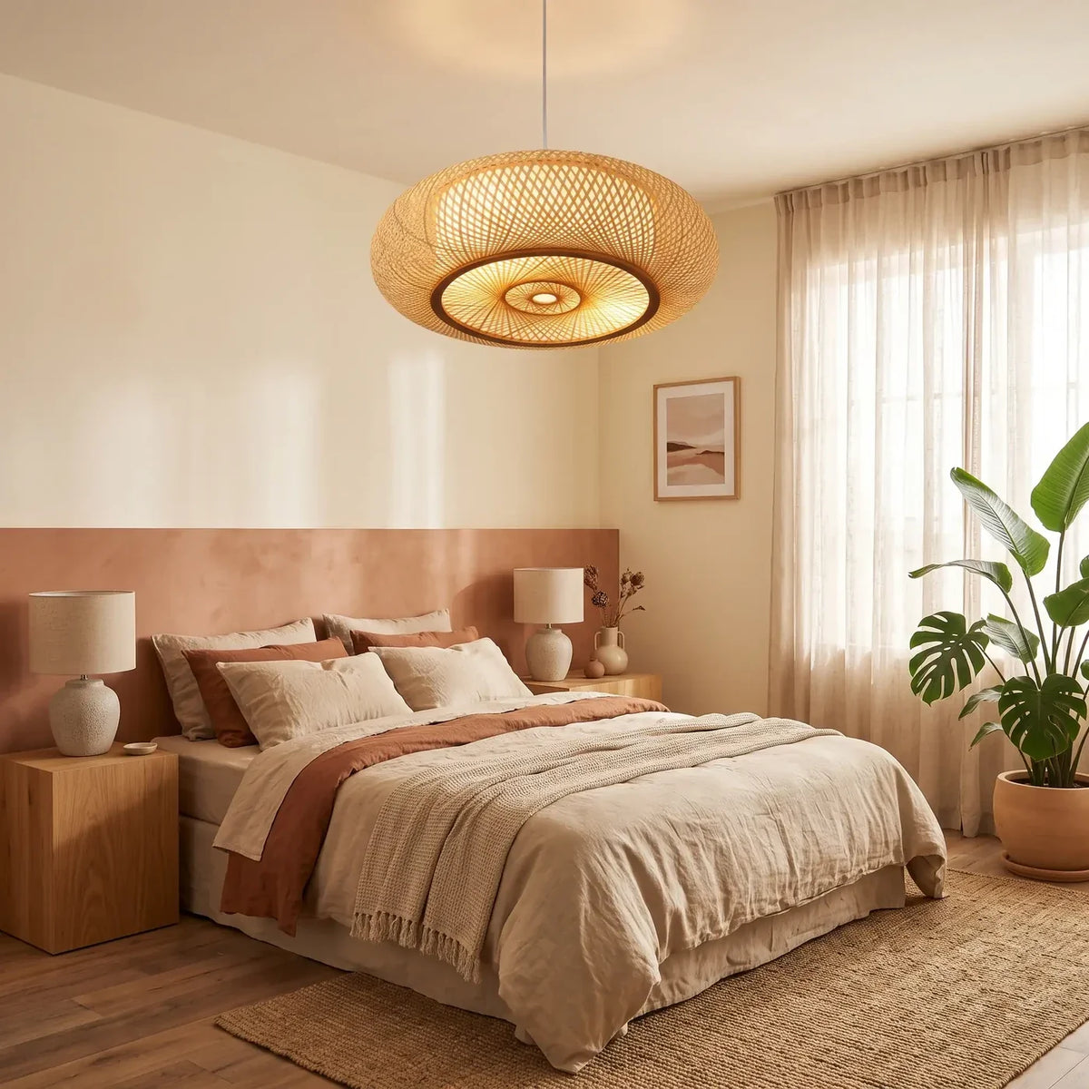 La suspension Fresnel en bambou au-dessus d'un lit en lin dans une chambre