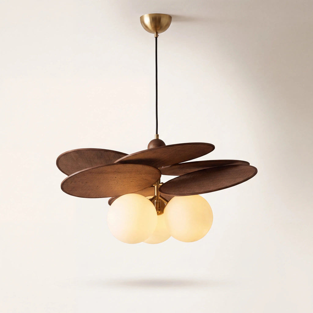 Suspension raphia verre opalin Giverny, variante trois globes Ø 60 cm