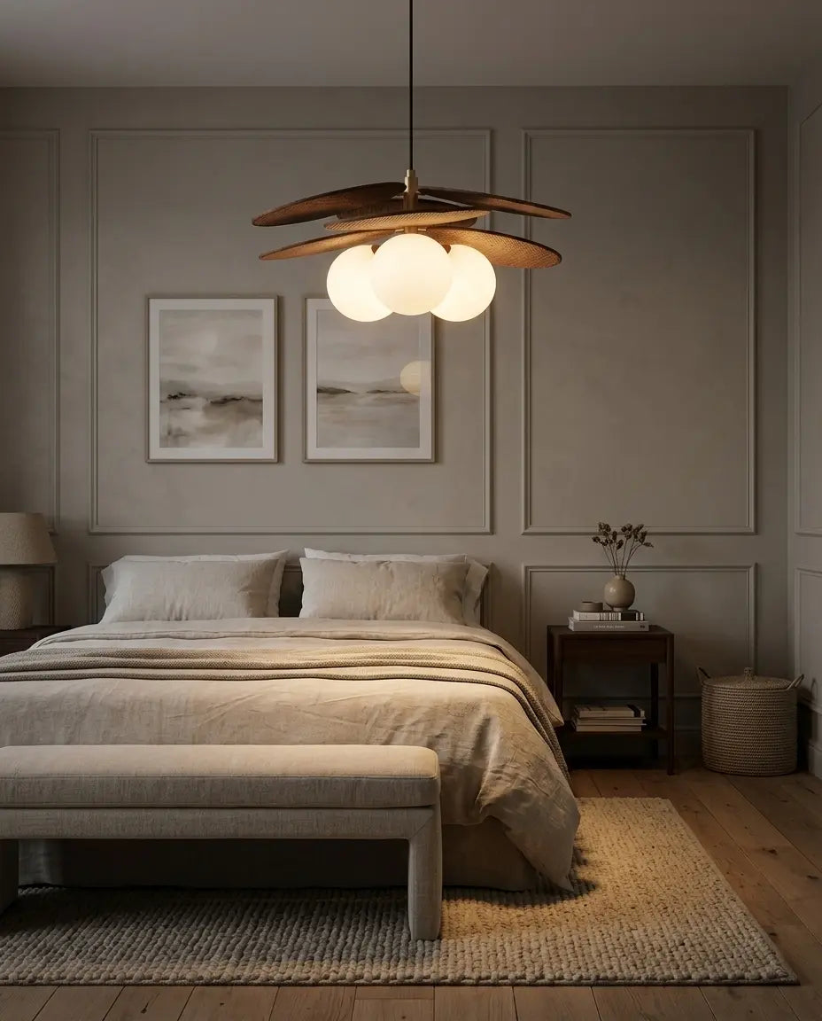 Suspension Giverny en raphia et verre opalin dans une chambre
