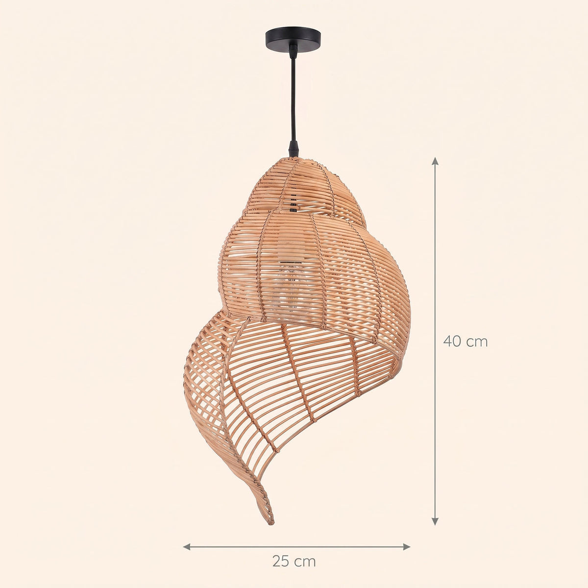 Schéma coté de la conque en rotin, 25 cm de large et 40 cm de haut